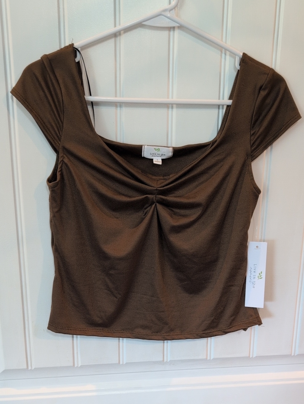 Live In The Moment Chocolate Ruched Scoop Neck Crop Top Soft Stretch
